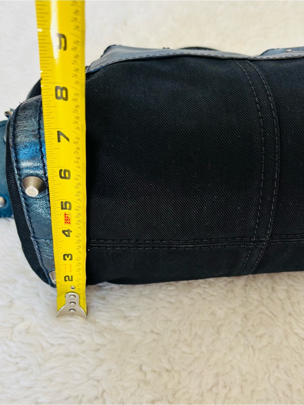 Chloe Metallic Blue Leather Black Canvas Handbag/Duffle Bag 12”x8”x7” - Picture 11 of 16